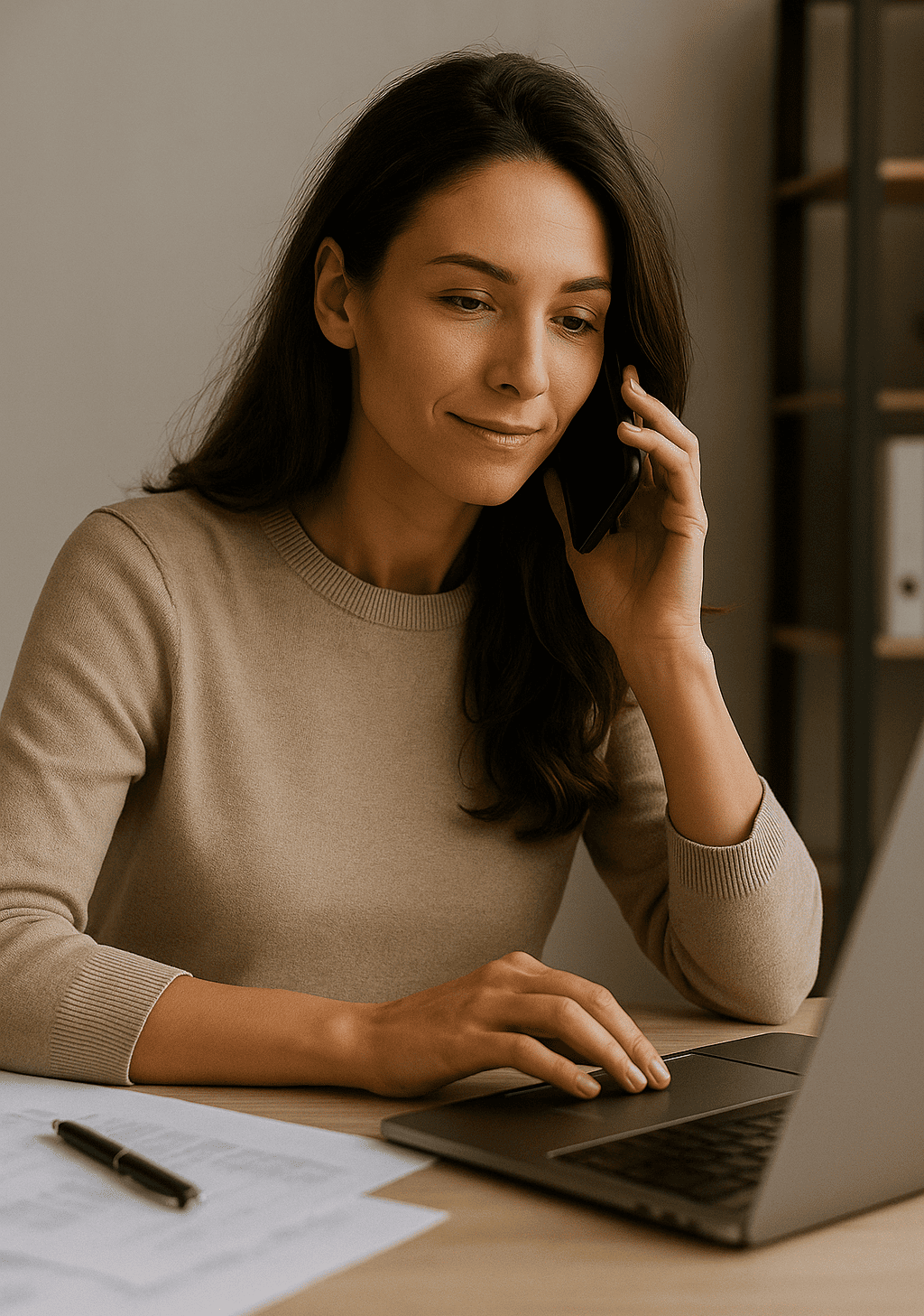 Uma mulher ao telefone enquanto utiliza o notebook